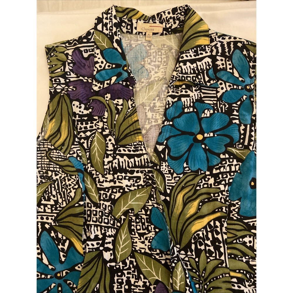 Vintage Linen Crossover Bold Flower Sleeveless Blouse Size XL Resort Cruise